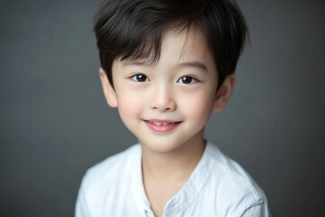 Happy Young Asian Boy in White Shirt Looking at Camera