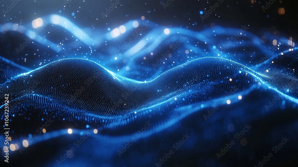 Poster a mesmerizing blue wave of glowing particles, creating a dynamic and fluid digital landscape, evokin