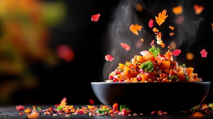 Japanese Thanksgiving sushi platter with fallinspired ingredients, garnished with persimmons, shiso leaves, and maple, bright and festive holiday theme