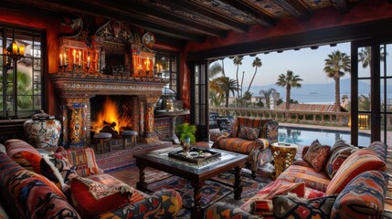 Beautifully ornate living room with intricate designs and a warm fireplace overlooking a stunning seaside view featuring palm trees and blue skies