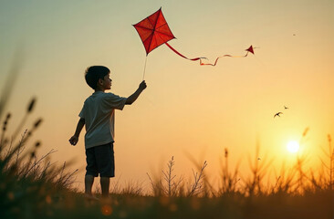 Little indian boy playing with kite in nature celebrating Makar Sankranti festival. Hindu harvest festival, celebrated at the winter solstice. Happy Makar Sankranti.