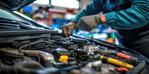 Mechanic working on a car engine in an auto repair shop with tools and parts.