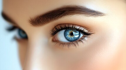 Fototapeta premium A close-up of a stunning blue eye, showcasing detailed eyelashes and well-defined eyebrows, highlighting beauty and emotional depth.