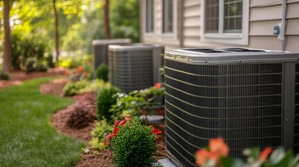 Home featuring outdoor air conditioning units surrounded by well-maintained landscaping and vibrant flowers, creating a pleasant and inviting atmosphere.