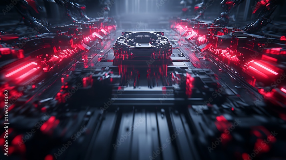 Poster a futuristic scene featuring a central circuit board illuminated by red lights, conveying a high-tec