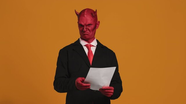 Businessman wearing devil halloween makeup destroying contract