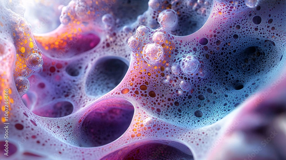Poster an abstract image showcasing colorful bubbles and textures with a vibrant, cosmic feel, evoking a se