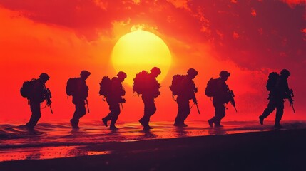 Navy SEALs Silhouette - Dark silhouette of Navy SEALs against a glowing sunrise over the ocean, showcasing their strong forms.