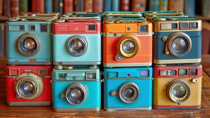 An intriguing collection of vintage cameras showcases diverse designs and vibrant colors, each telling a unique story of photographic history and technological evolution