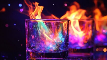 Burning glasses against a pure black background. 