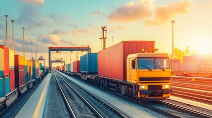 Fototapeta premium Trucks and trains at multimodal port, organized logistics setup