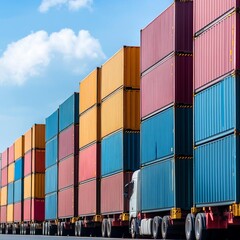 Trucks lined up for container loading, organized multimodal logistics
