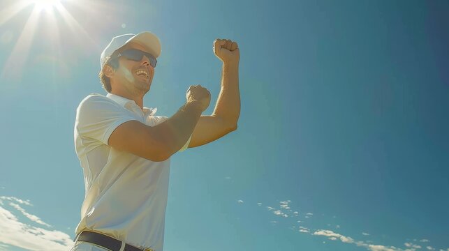 Joyful male golfer celebrates victory with enthusiastic shout after successful putt on the green
