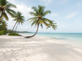 Obraz premium Sandy beach and turquoise tropical sea with palm trees, paradise