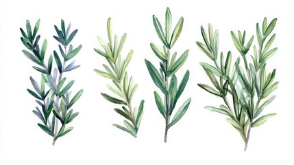 Fototapeta premium Watercolor illustration of various green herb sprigs.