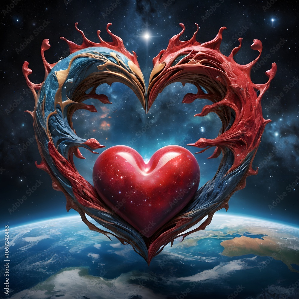 Poster a heart symbolizing love centrally located within the boundless universe, perfect for romantic theme