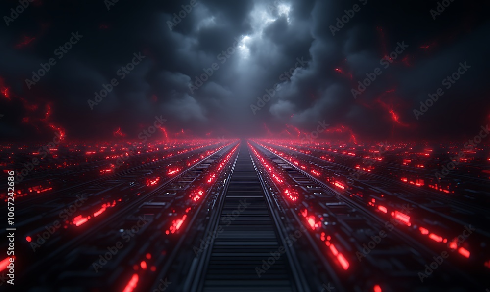 Aufkleber A futuristic landscape featuring a pathway lined with glowing red elements under a dramatic, cloudy sky.