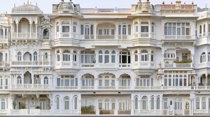 A detailed photograph of the ornate windows and balconies of the City Palace in Udaipur, capturing the blend of Mughal and Rajput architectural styles