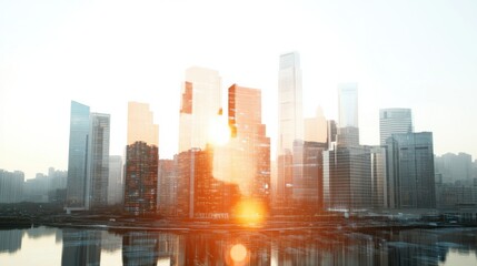 Fototapeta premium A panoramic view of modern skyscrapers reflecting sunlight at dusk, creating a stunning city skyline over a tranquil water body.