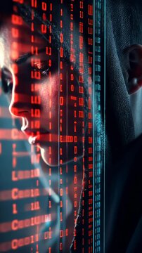 A digital portrait of a woman surrounded by flowing binary code in red and blue hues.