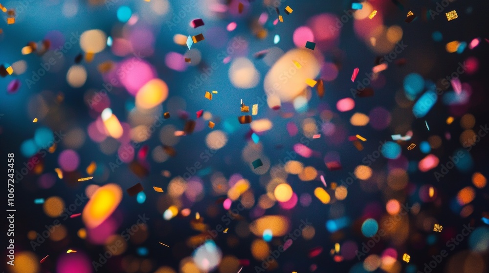 Poster colorful confetti floating on dark background with bokeh lights