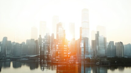 Fototapeta premium A stunning view of a modern city skyline at sunrise, showcasing towering skyscrapers reflected in the calm water, creating a serene atmosphere.