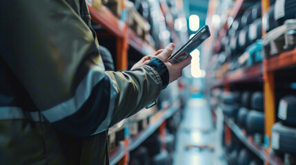 Man choosing the best option inspecting and examining in storage room. Male worker checking inventory of car tires. Warehouse worker in uniform standing in a stack of tires business. 