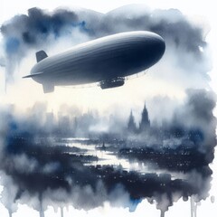 Dirigible Above Cityscape at Night