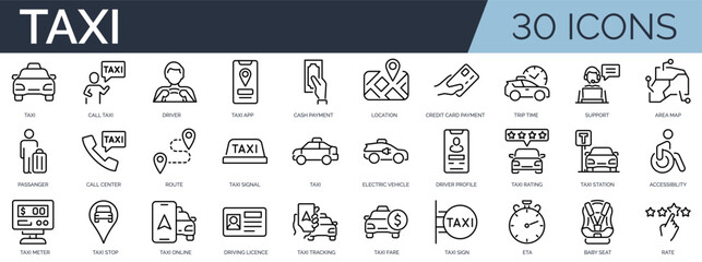 Set of 30 outline icons related to taxi. Linear icon collection. Editable stroke. Vector illustration