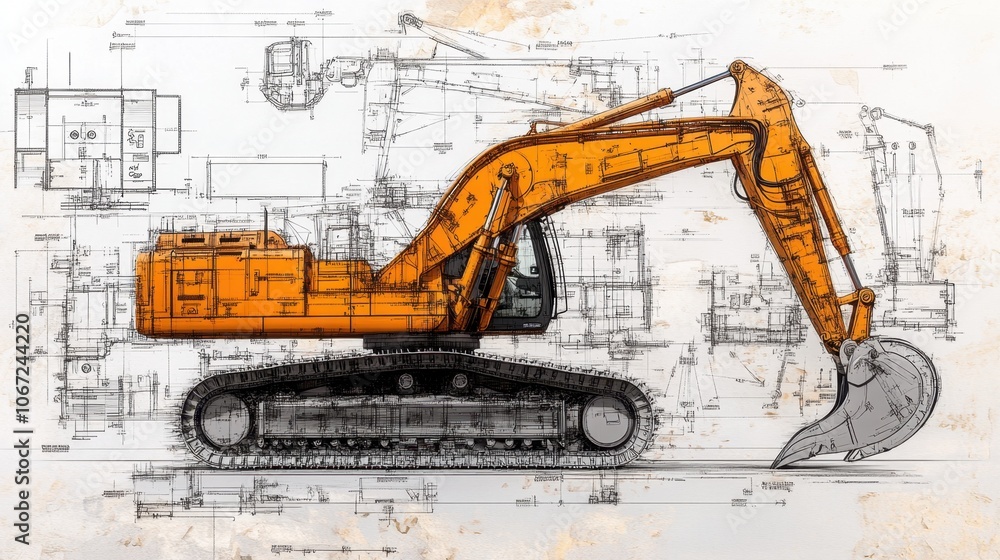 Aufkleber a detailed rendering of an excavators rear view, showcasing its mechanical systems and features with