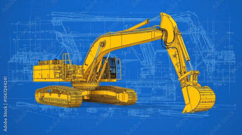 Aufkleber a detailed rendering of an excavators rear view, showcasing its mechanical systems and features with