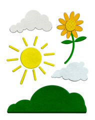 Sun, cloud, sun flower and green hill illustration for children book