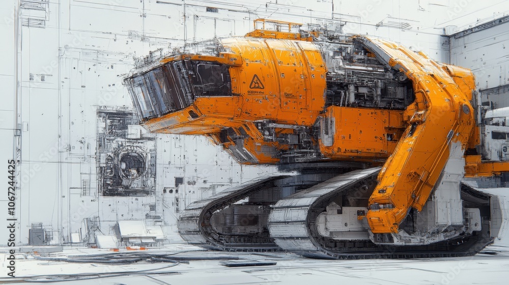 Aufkleber a detailed rendering of an excavators rear view, showcasing its mechanical systems and features with
