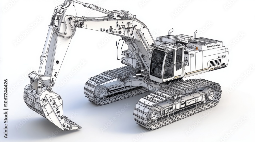 Aufkleber a detailed rendering of an excavators rear view, showcasing its mechanical systems and features with