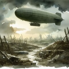 Fototapeta premium Zeppelin Patrol Over Trenched Fields