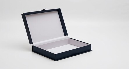 Clamshell box with hinged opening and sleek design on plain white background