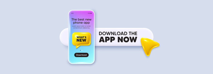 Whats new tag. Download the app now. Phone mockup screen. Special offer sign. New arrivals symbol. Phone download app search bar. Whats new text message. Vector