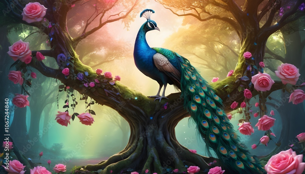 Poster magical forest scene featuring a mystical alien peacock resting on a rainbow tree surrounded by lumi