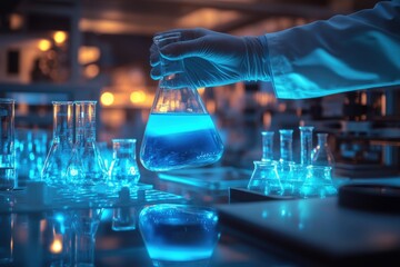 Scientist holding Erlenmeyer flask with blue liquid, laboratory close-up