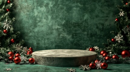 3d renderd empty christmas podium stage decorated with ornaments and glitters. stage with green background
