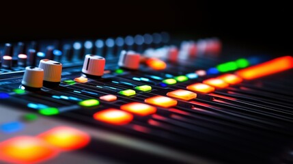 A close-up view of a sound mixing console with colorful illuminated controls, highlighting the technology of audio production.