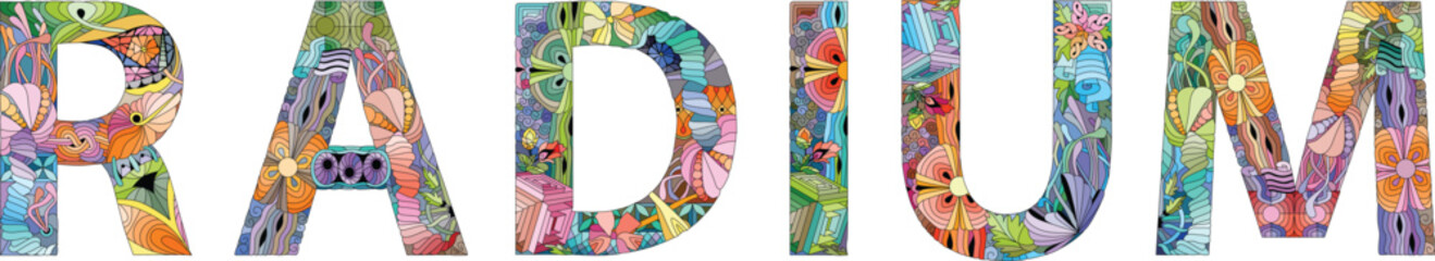 The word RADIUM. It is a chemical element. Colorful vector word isolated on a white background