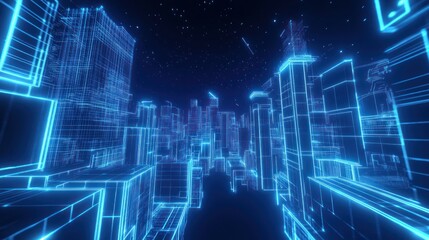 A futuristic cityscape rendered in glowing blue lines against a starry background.