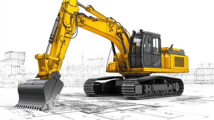 A detailed view of an excavator's boom and bucket, combined with blueprint overlays highlighting the design mechanics and load capacities