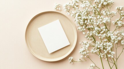 Blank Card and White Flowers on a Beige Background