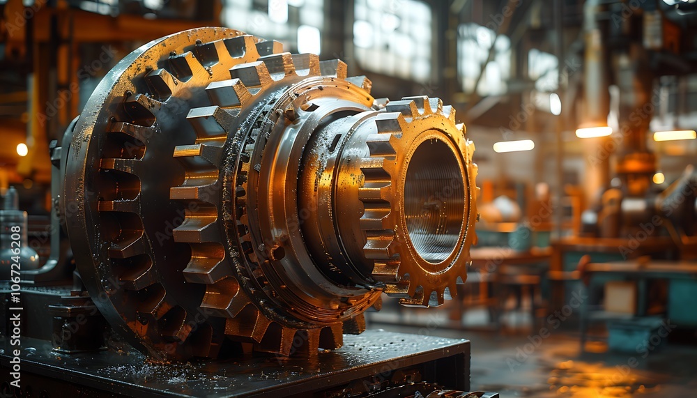Aufkleber a close-up view of a shiny industrial gear in a manufacturing setting, showcasing details and reflec