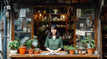 Obraz premium A young woman stands inside a quaint, cozy shop filled with potted plants, books, and a delightful assortment of curiosities on display