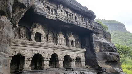 A dramatic close-up of the detailed carvings on the walls of the Bhimashankar Temple, showcasing the artistry and architectural style of this sacred site