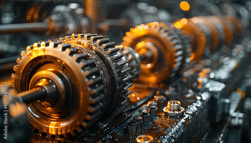 Poster a close-up view of intricate gears and machinery showcasing metallic textures and reflections, conve