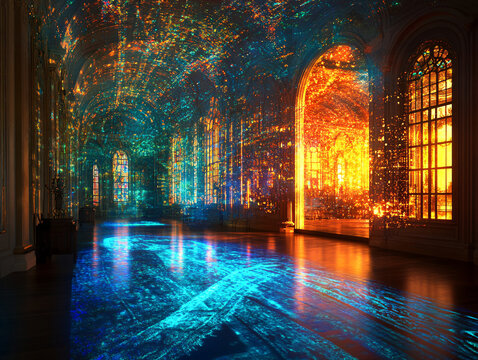 a grand hallway team lab with high ceilings and ornate archways, illuminated by a colorful light show.